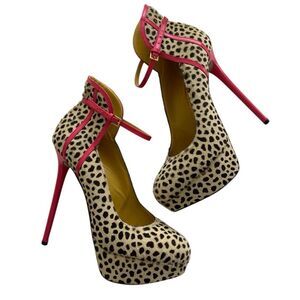 CHARLOTTE OLYMPIA Leopard Pony Hair Lucille Ankle Strap Platform Pumps (Sz 38)